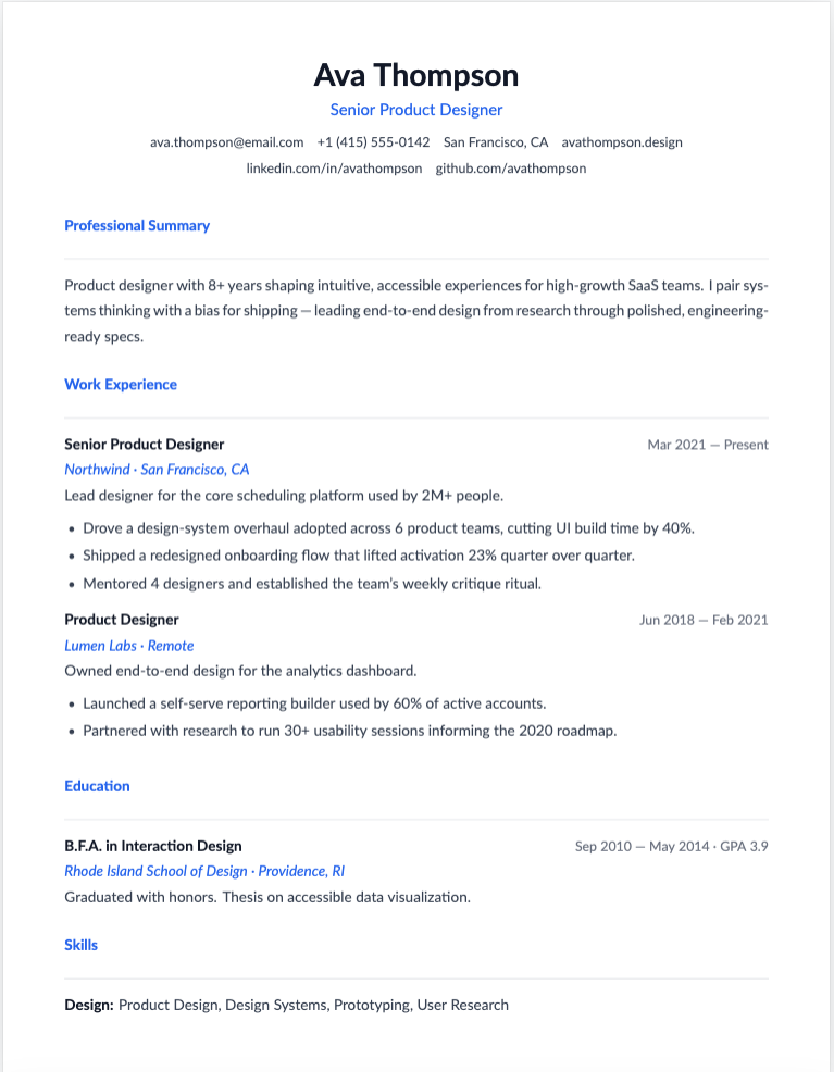 Quill resume template preview