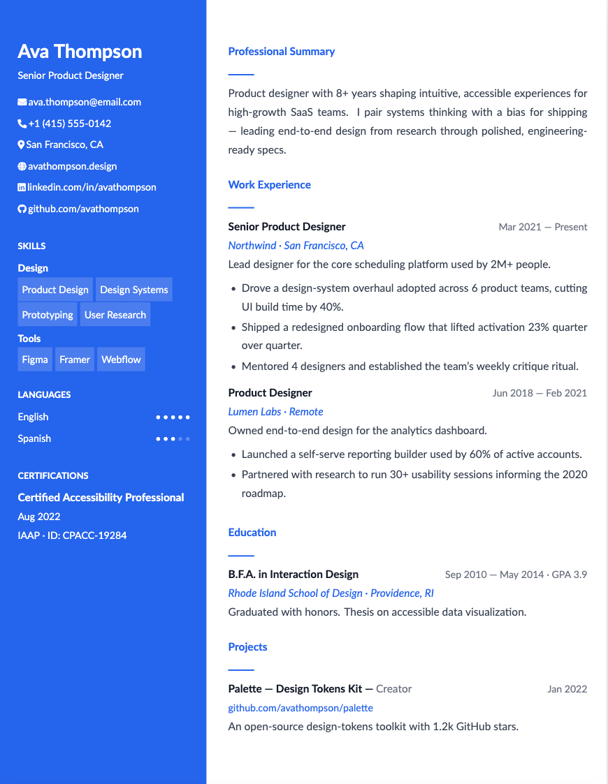 Verve resume template preview